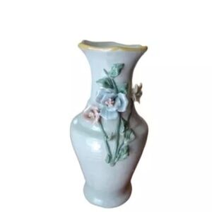 Vintage Bud Vase with Pink & White Raised Flowers 7"